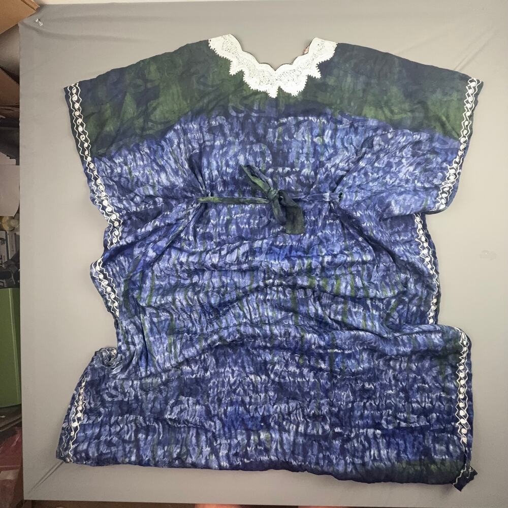 Batik Tie Dye Blue Green Kaftan Maxi Dress Lace Trim Boho Hippie Caftan